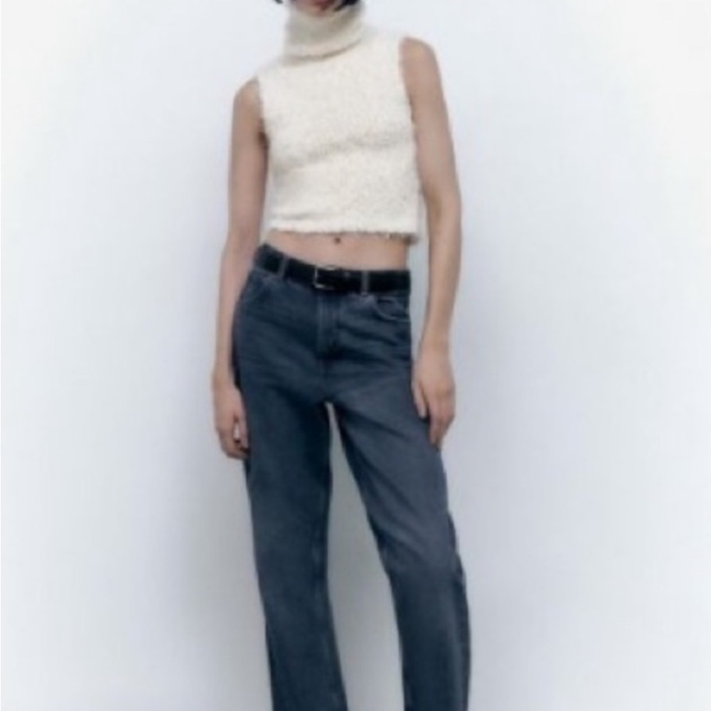 Fuzzy White Turtleneck Sleeveless Sweater